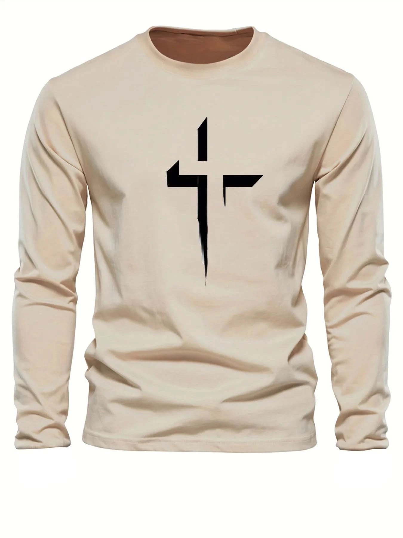 Men's 100% pure cotton loose fit plus size comfortable casual sports cross print round neck long sleeved T-shirt top - M & M Global