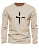 Men's 100% pure cotton loose fit plus size comfortable casual sports cross print round neck long sleeved T-shirt top - M & M Global