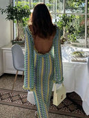 Contrast A-line Vestidos 2025 Female Party Club Vacation Robes Sexy Backless Women's Flare Sleeves Long Dress Fashion Elegant - M & M Global
