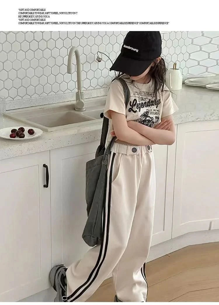 Girls' summer casual suit, new children's fashionable T-shirt, casual pants, summer dress, foreign short-sleeved two-piece set, - M & M Global