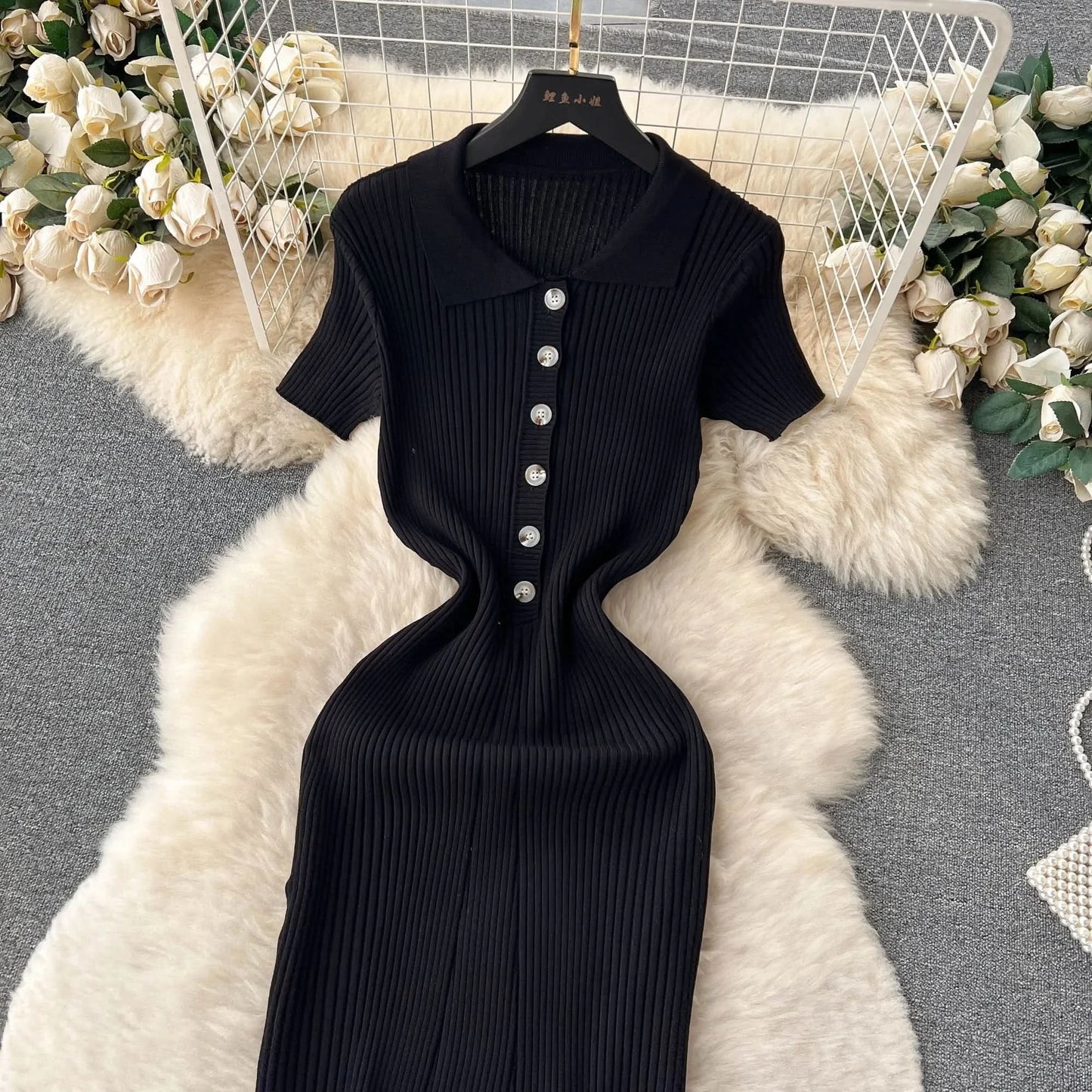 Summer Elastic Women Solid Knit Dress Summer Rose Red Retro Loose Sundress Sets 2024 bodycon Streetwear Sheer Beach Long Dress - M & M Global