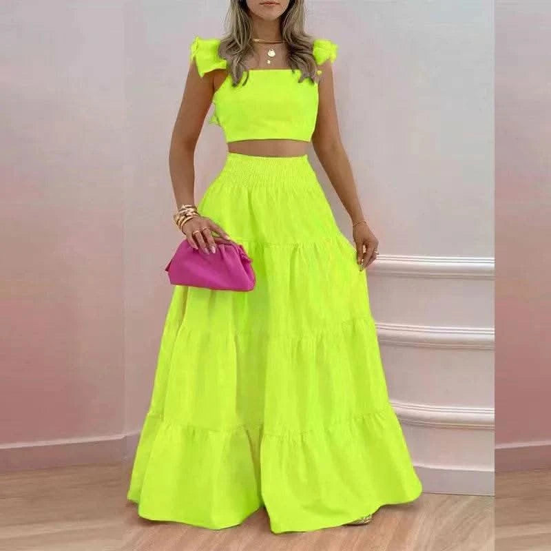 Dress Set Two-piece Women's Clothing Solid Color Sexy Suspender Large Swing Skirt Short Sleeved Square Neck Top Summer Outfits - M & M Global
