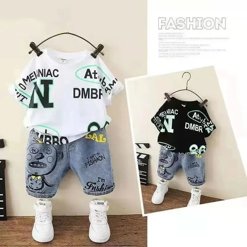 Kids Boys' Summer Set 2023 New Cartoon Boys' Fashionable Children's Clothing Versatile Short Sleeve Two Piece Set Kids Outfits - M & M Global