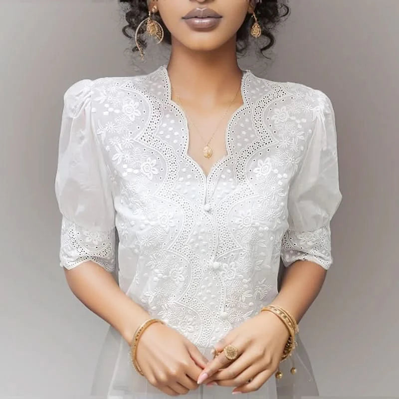 Summer Embroidery Puff Sleeve Linen Cotton Women Blouse Spring Casual White Hollow Out Tops Short Sleeve Shirt - M & M Global