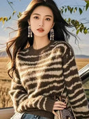 Autumn and Winter Pullover Round Neck Long-sleeved Striped Sweater for Women Retro Versatile Fashionable Casual Top