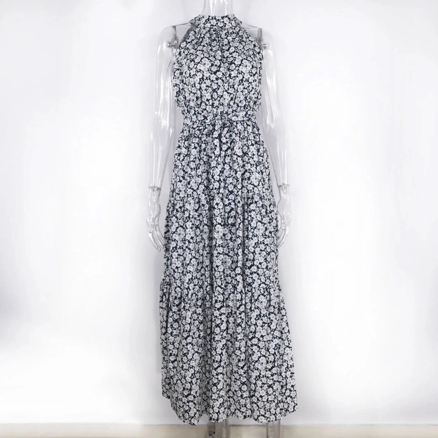Summer Floral Print Halter Neck Dresses For Women Sleeveless Leace-up Long Dress Casual Beach Holiday Vestidos Female Clothing - M & M Global