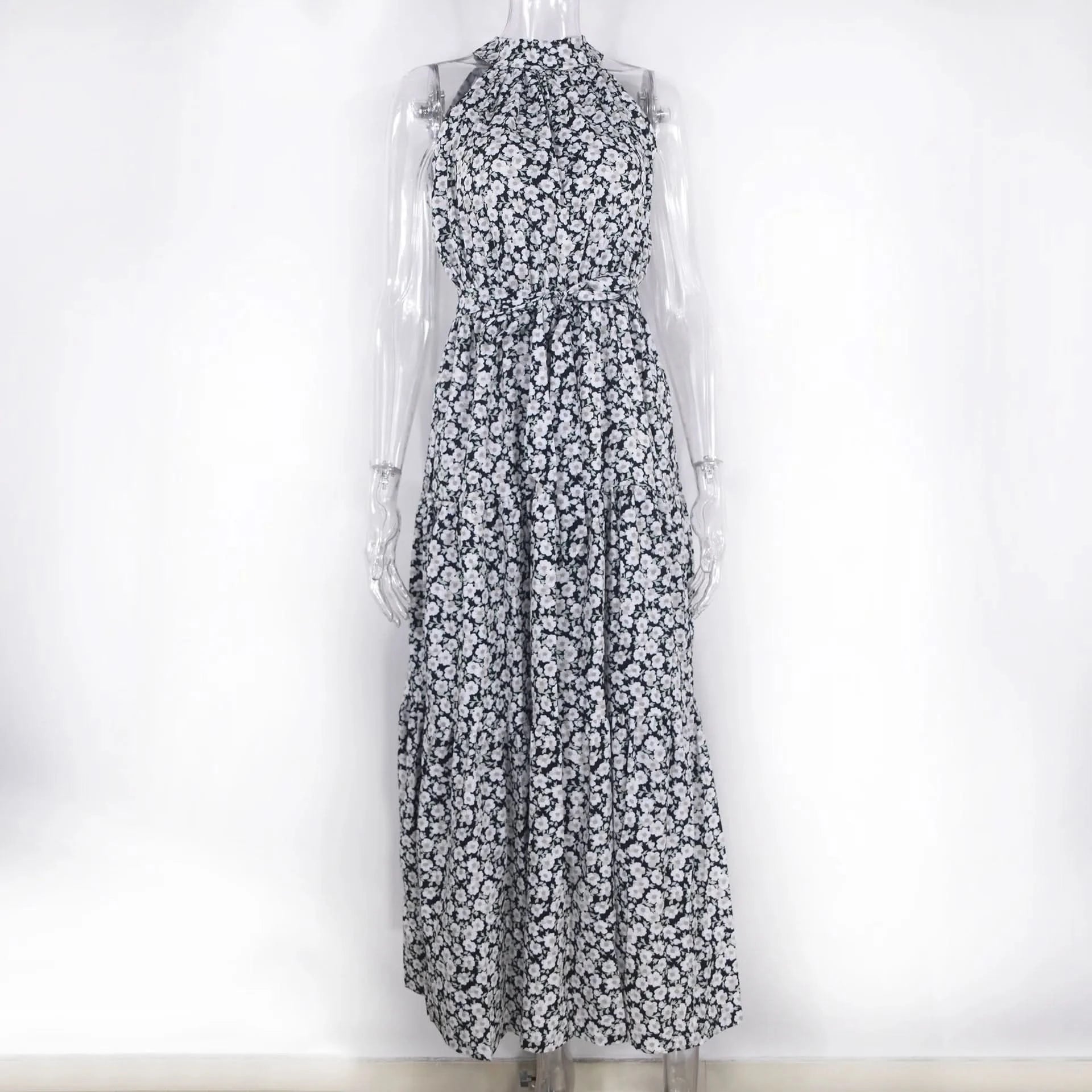 Summer Floral Print Halter Neck Dresses For Women Sleeveless Leace-up Long Dress Casual Beach Holiday Vestidos Female Clothing - M & M Global
