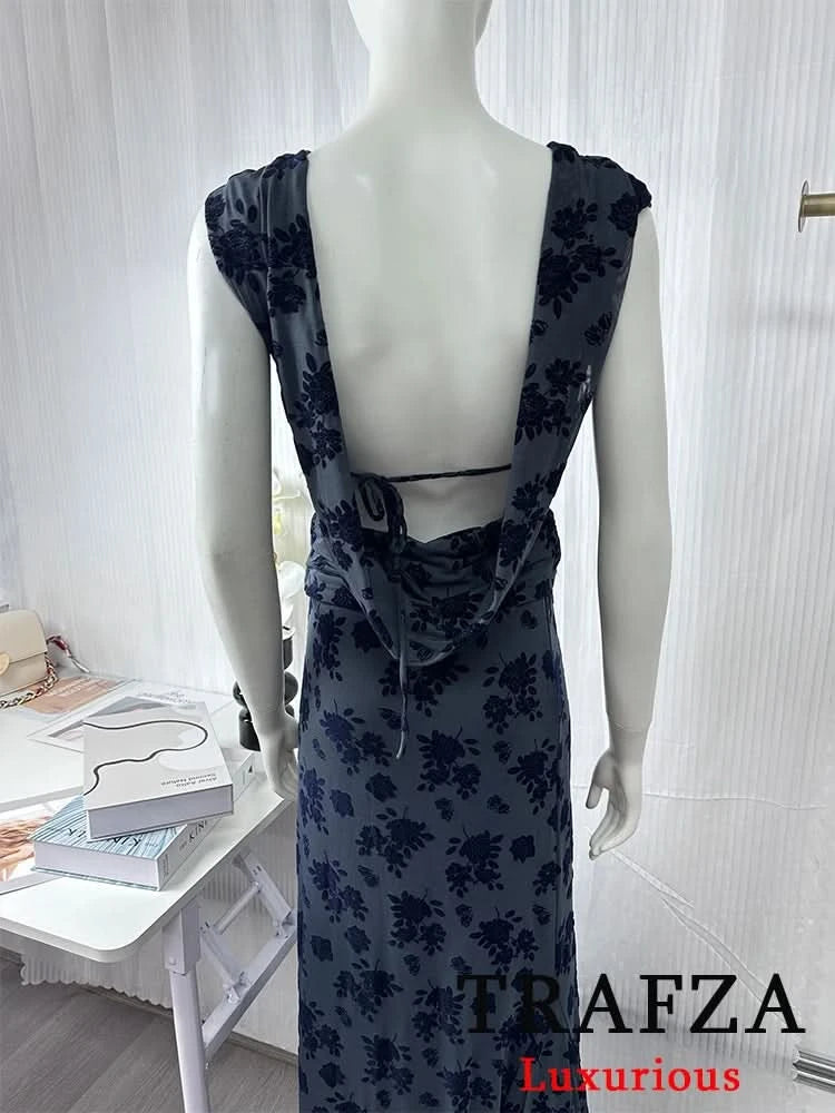TRAFZA Vintage Casual Chic Women Flocking Suit O-Neck Backless Sleeveless Top Asymmetrical Long Skirt Fashion 2025 Spring Suit - M & M Global