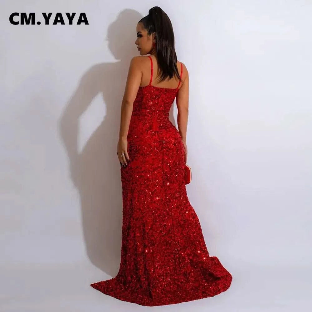 CM.YAYA Women Sequined Tassel Front Spaghetti Strap Sleeveless High Side Slit Maxi Long Dress 2023 Evening Sexy Party Dresses - M & M Global