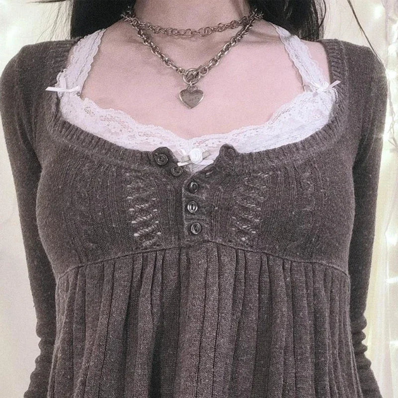 2000s Vintage Long Sleeve Babydoll Knitted Sweater Tops Cottage Milkmaid Pullovers Aesthetic Grunge Y2k Knitwear T-shirts Women