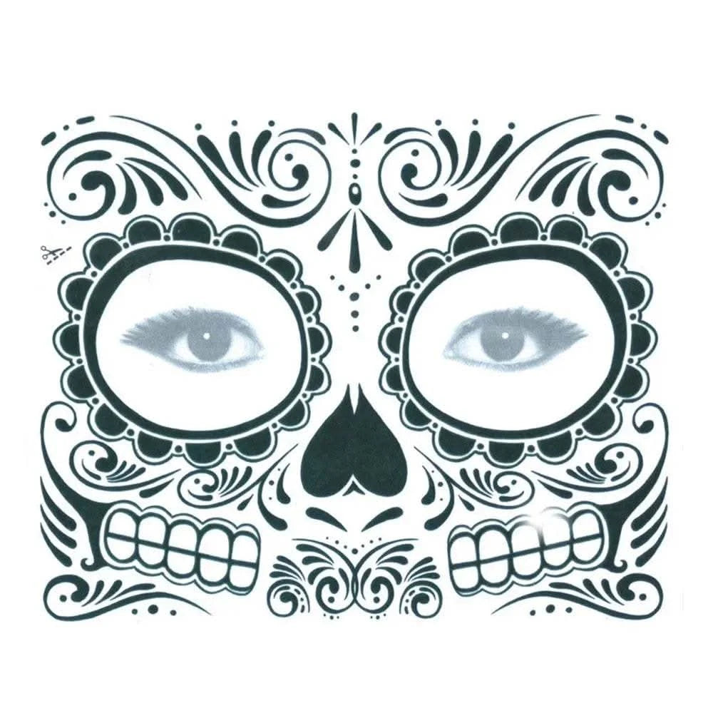 Day of The Dead Skull Face dress up Temporary Tattoo Stickers Pop Halloween Facial makeup Special Waterproof Face tattoo - M & M Global