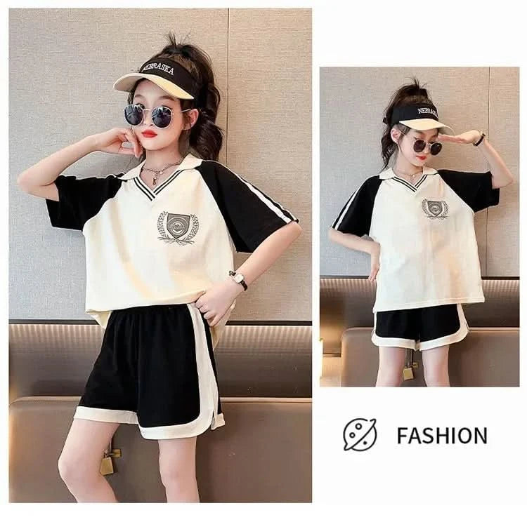 Summer Clothes Set for Children Girls Fashion V Neck T-shirts and Shorts 2pcs Suit Teenage Lapel Top Bottom Outfits Tracksuits - M & M Global
