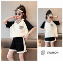 Summer Clothes Set for Children Girls Fashion V Neck T-shirts and Shorts 2pcs Suit Teenage Lapel Top Bottom Outfits Tracksuits - M & M Global