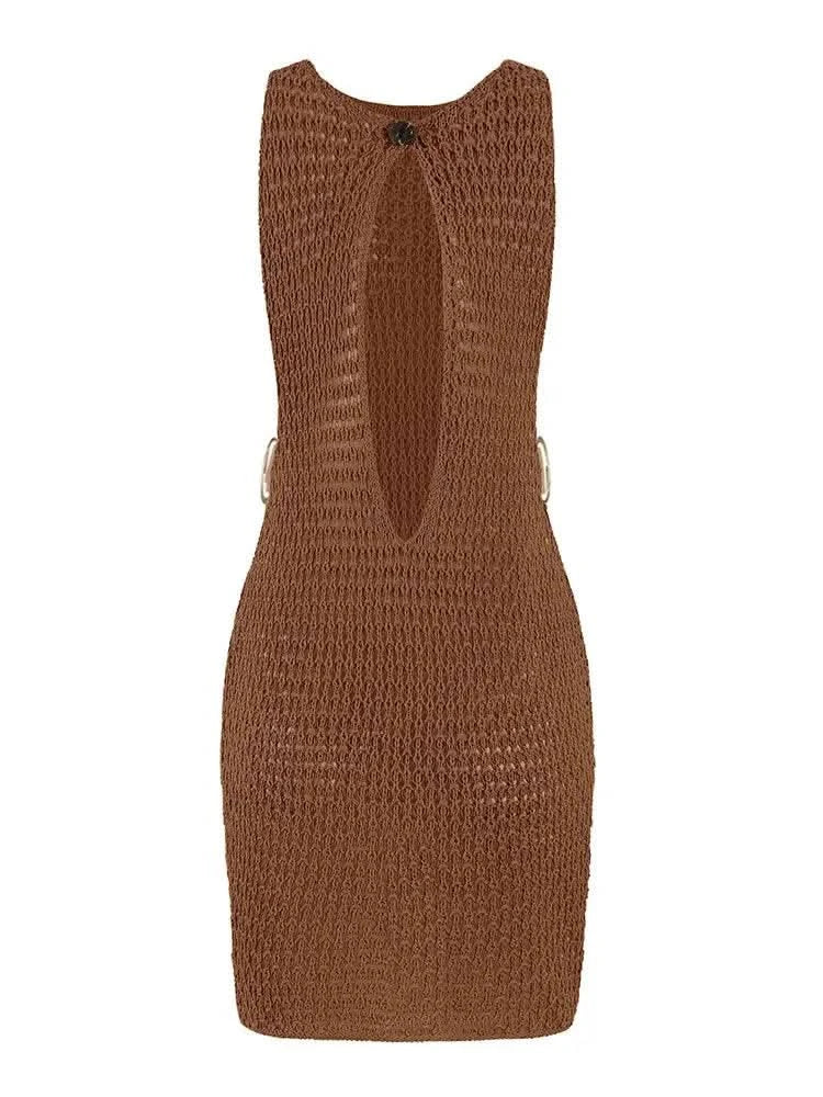2024 Summer Sexy One Neck Cut Out Circle Decoration Corset Slim Beach Mini Dress Women Seaside Beachwear Swimwear Cover Up A2796 - M & M Global