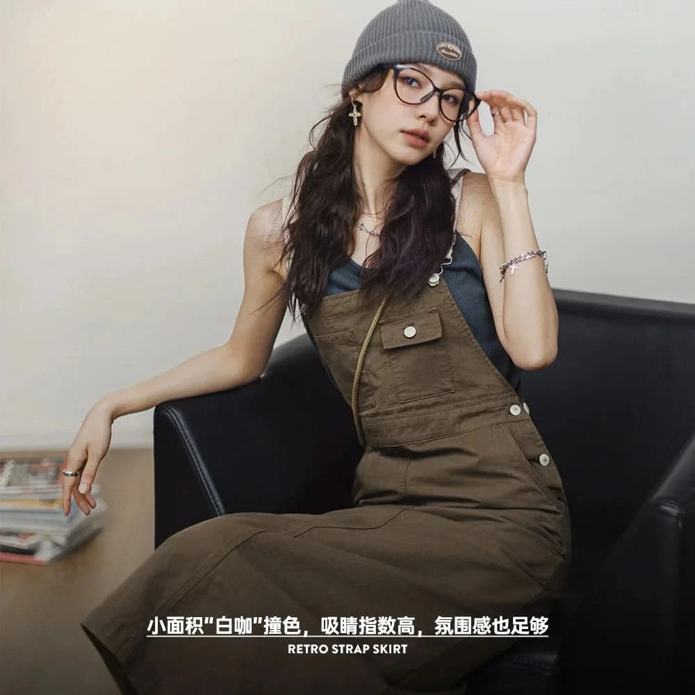 Maden 2024 New Women's Maillard Suspender Straight Skirt and Age-reducing Lazy Style Stackable Long Dress for Spring and Summer - M & M Global