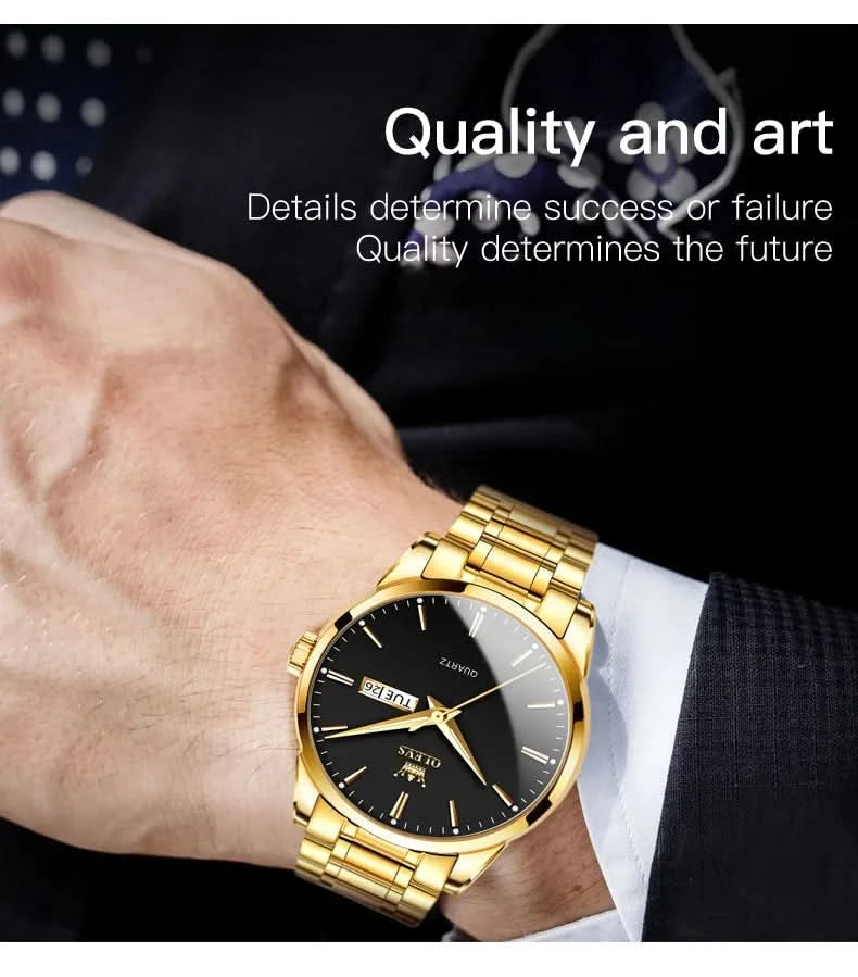 OLEVS Men Watches Waterproof Stainless Steel Quartz Male Wristwatch Gold Watch Fashion Luminous Luxury Calendar Business Clock - M & M Global