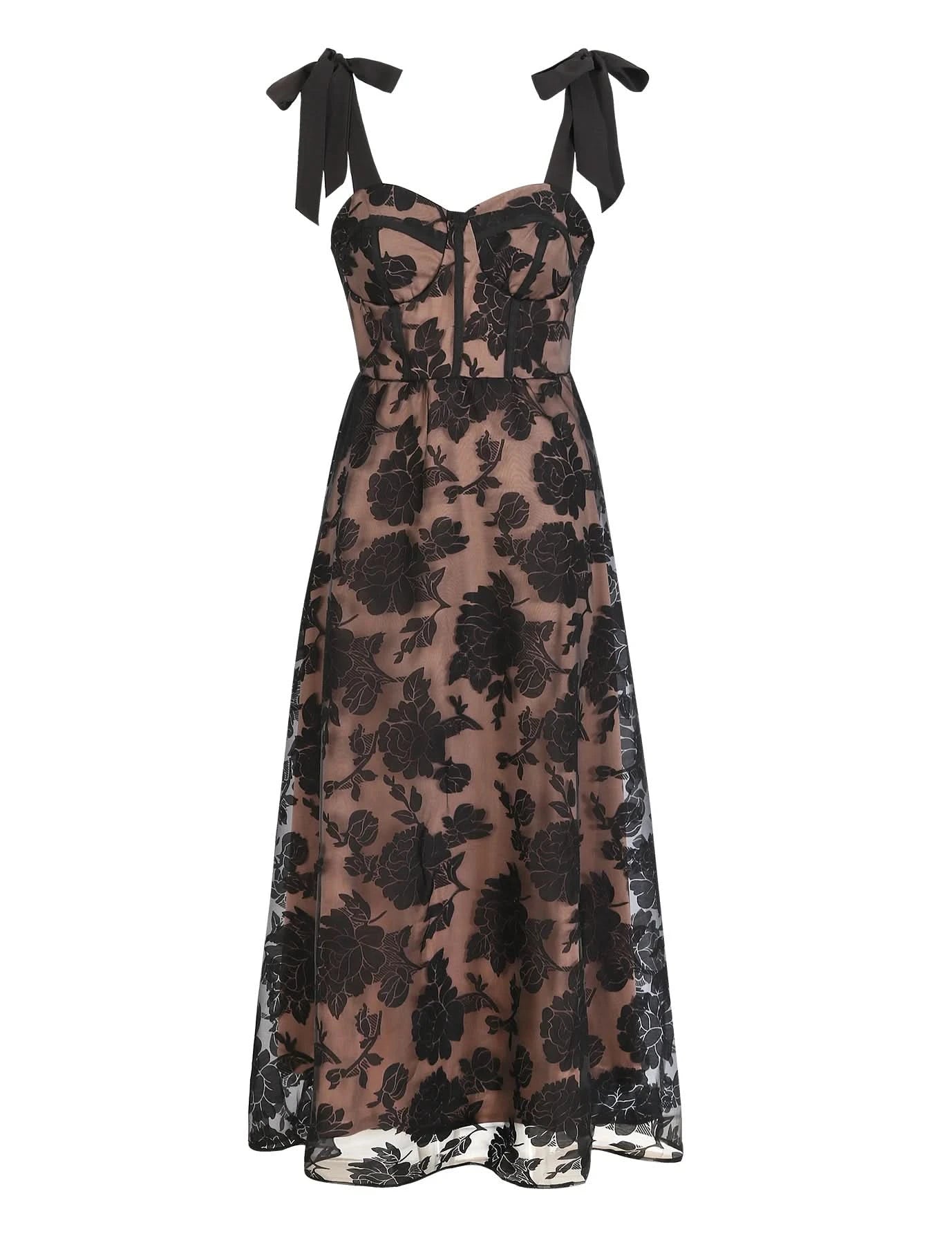 Sexy Lace Jacquard See Through Women Dress Sleeveless Tie Up Backless lace Long Dress Summer Party Ladies Bandage Party Dress - M & M Global
