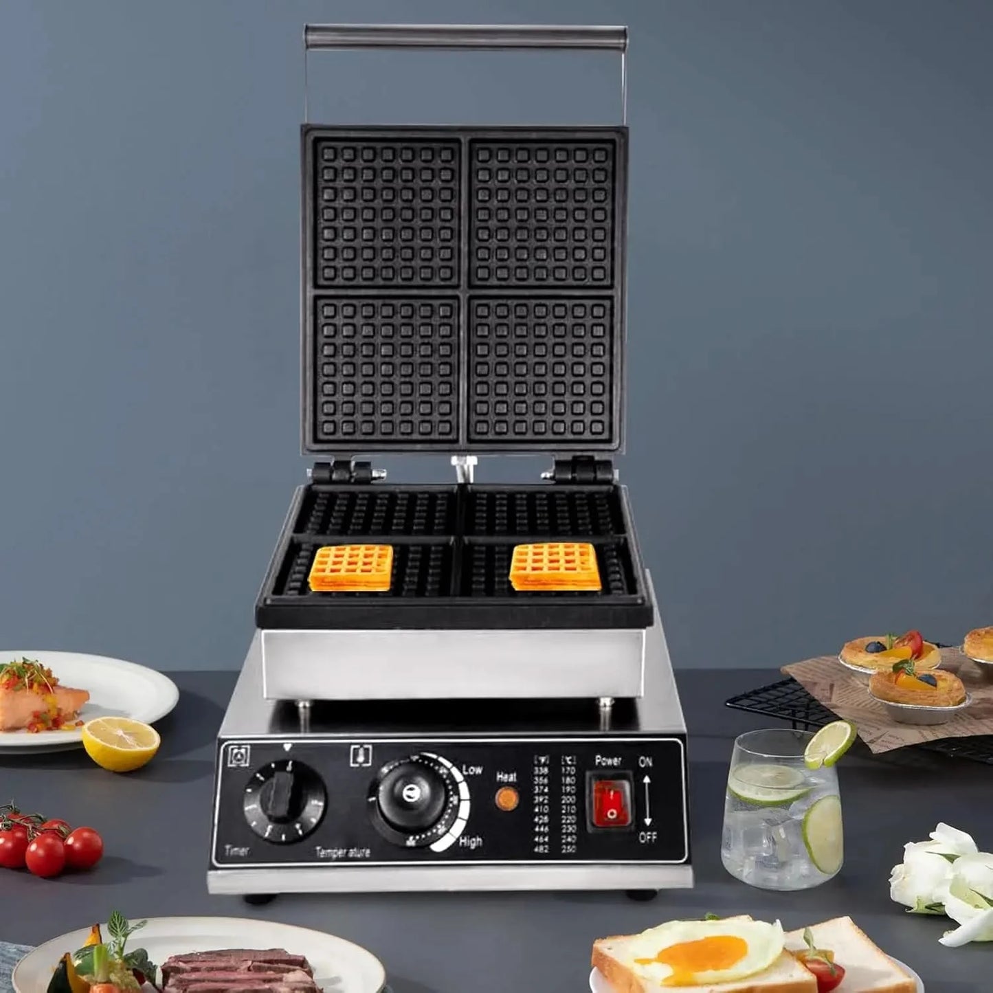 4 Grids Belgian Waffle Pancake Maker,Non-stick Pancake Baker Machin with Dual Heating Pans,110v Waffle Pancake Maker for Commerc - M & M Global