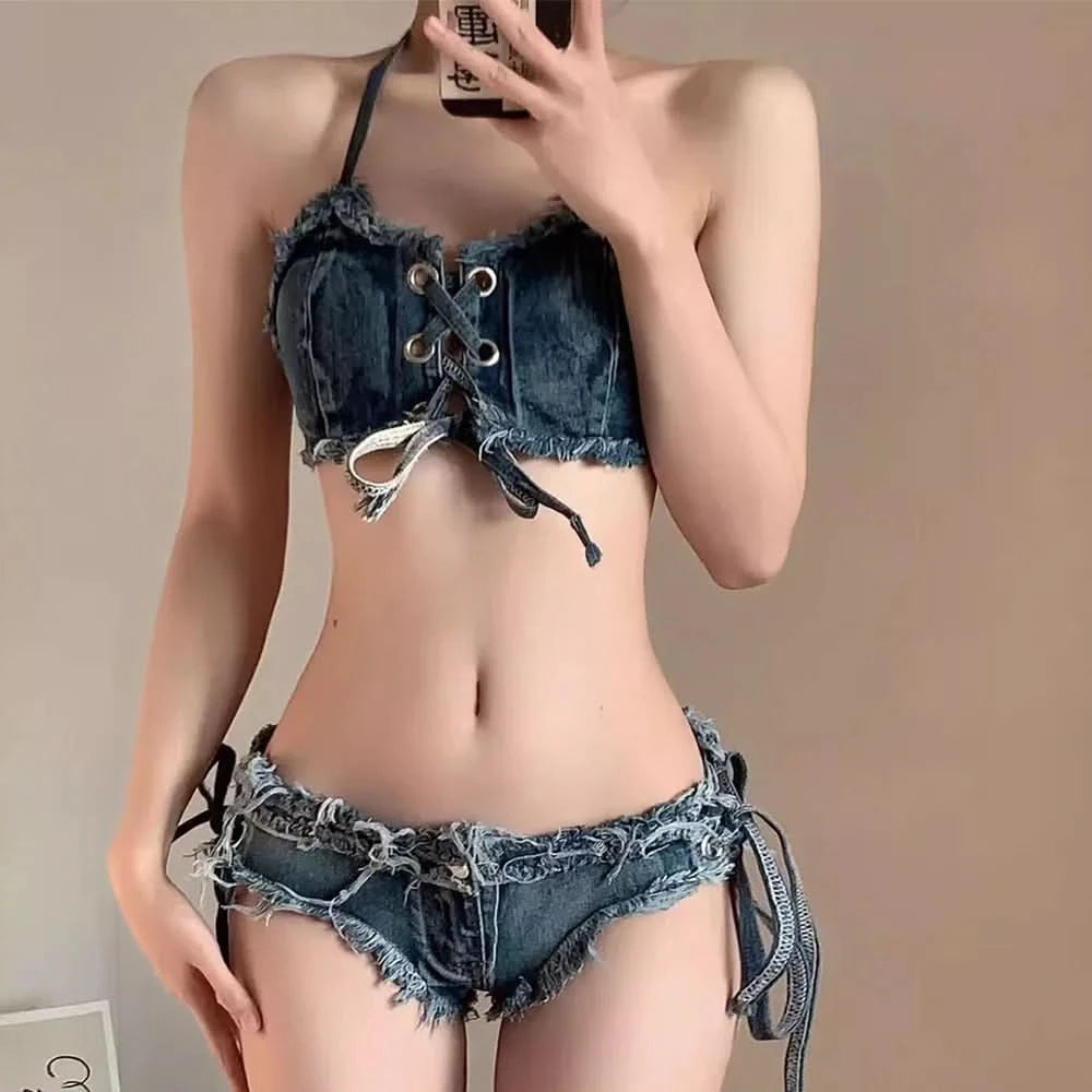 650 European and American hot girls sexy denim bikini women beach vacation summer split swimsuit strap small chest - M & M Global