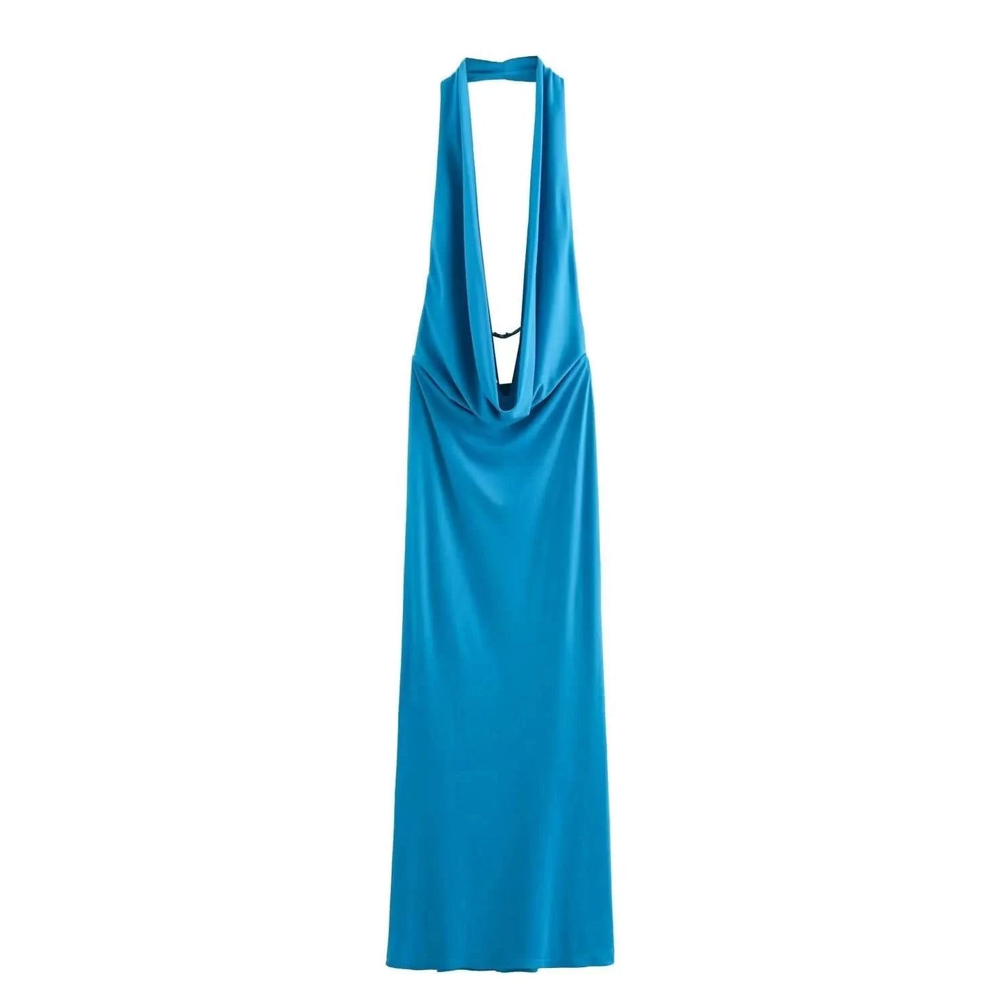 TRAFZA 2024 Woman Halter Off Shoulder Backless Long Dress Female Folded Decoration Hanging Neck V-neck Open Back Evening Dress - M & M Global