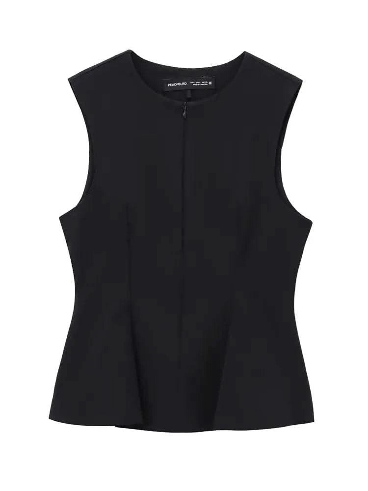 2025 Summer Women Solid Zipper Vintage Causal Sleeveless O Neck Tank TShirt Fashion Slim Pleated Vest High Street Folds Top - M & M Global