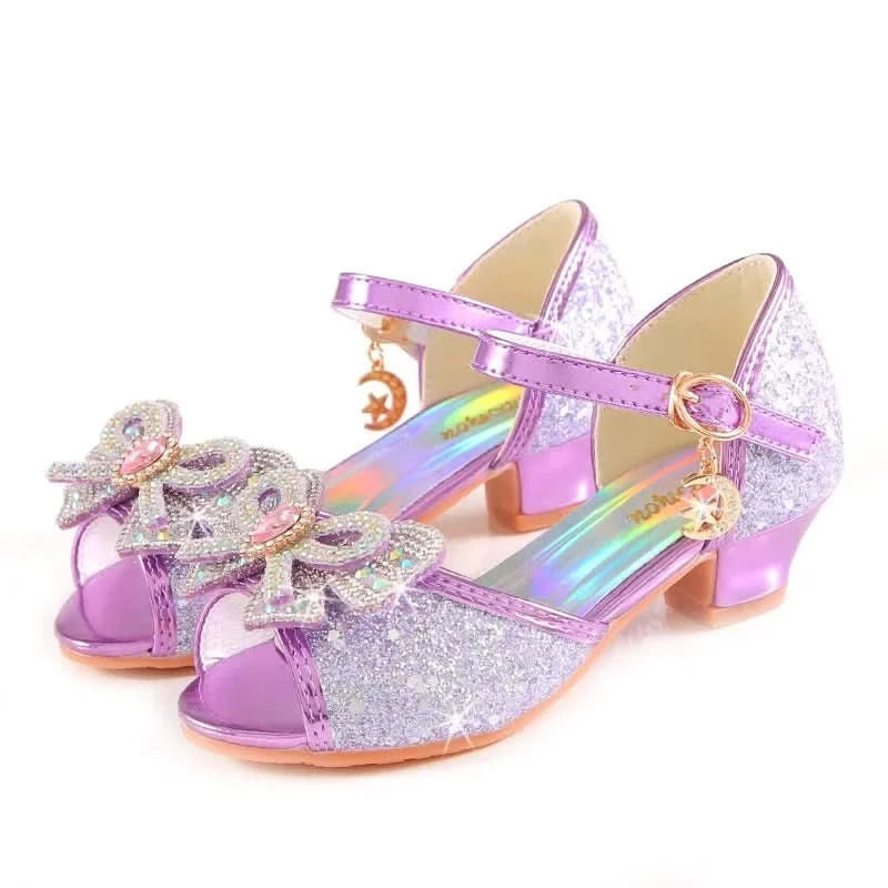 Summer Girls Sandals With Heel Fashion Rhinestone Shiny Glitter Shoes Children Princess Bowtie Pearl Dancing Shoes H876 - M & M Global