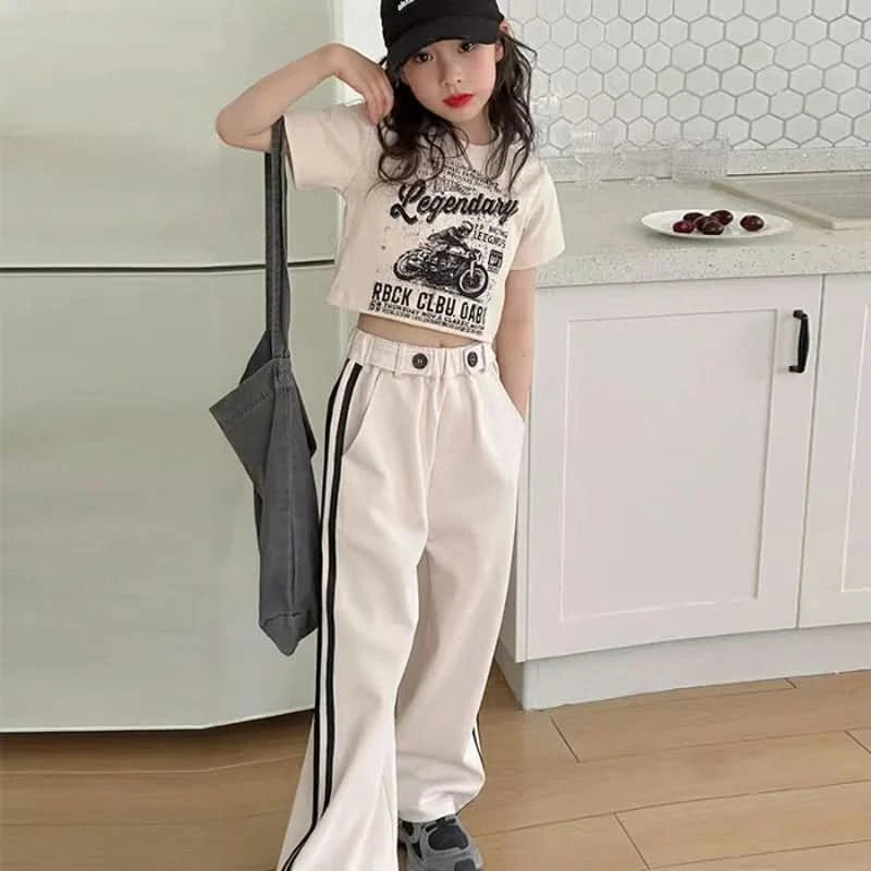 Girls' summer casual suit, new children's fashionable T-shirt, casual pants, summer dress, foreign short-sleeved two-piece set, - M & M Global