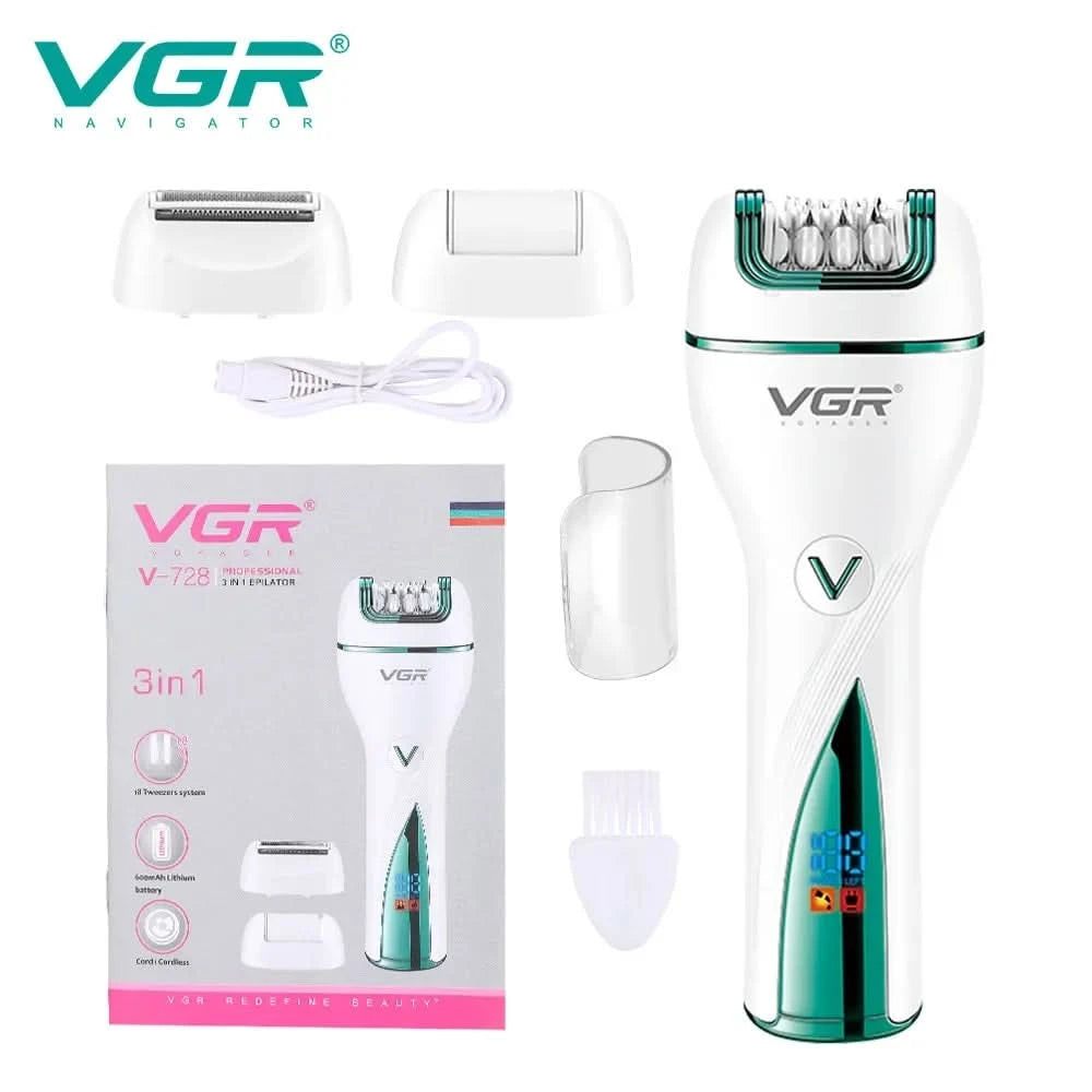VGR 3in1 Rechargeable Epilator For Women Electric Shaver Leg Hair Removal For Facial，Lip，Chin，Razor Bikini Trimmer - M & M Global