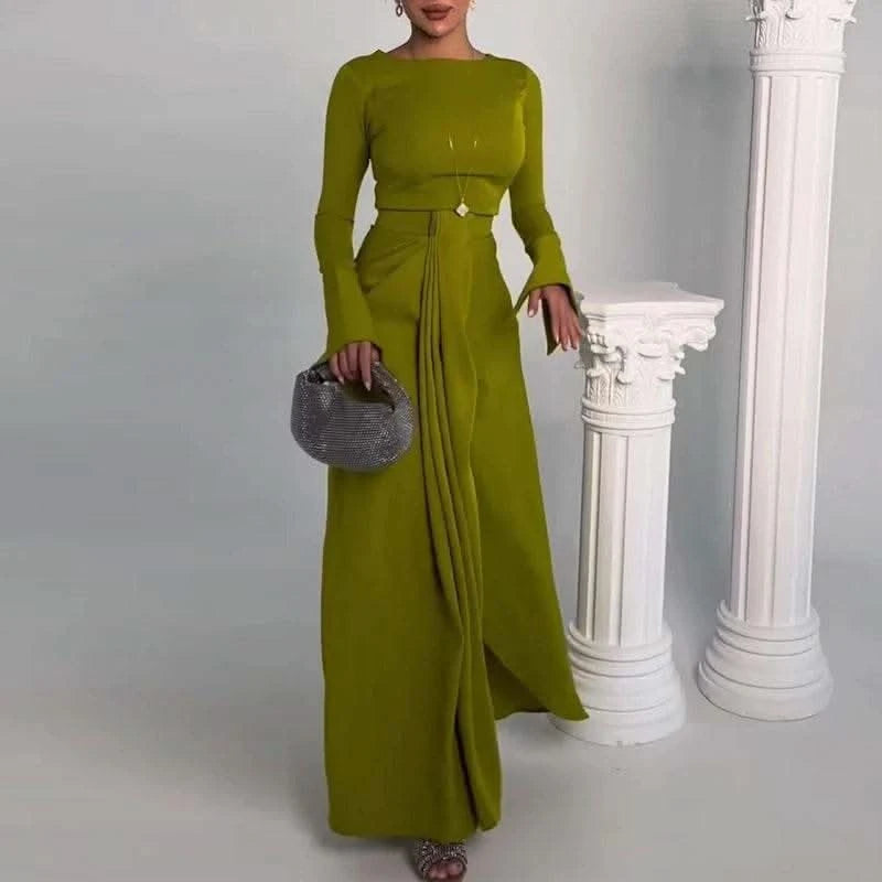 2024 Casual Solid Prom Dress Elegant O Neck High Waist Pleated Commuter Dress New Autumn Fashion Flared Sleeve Split Long Dress - M & M Global