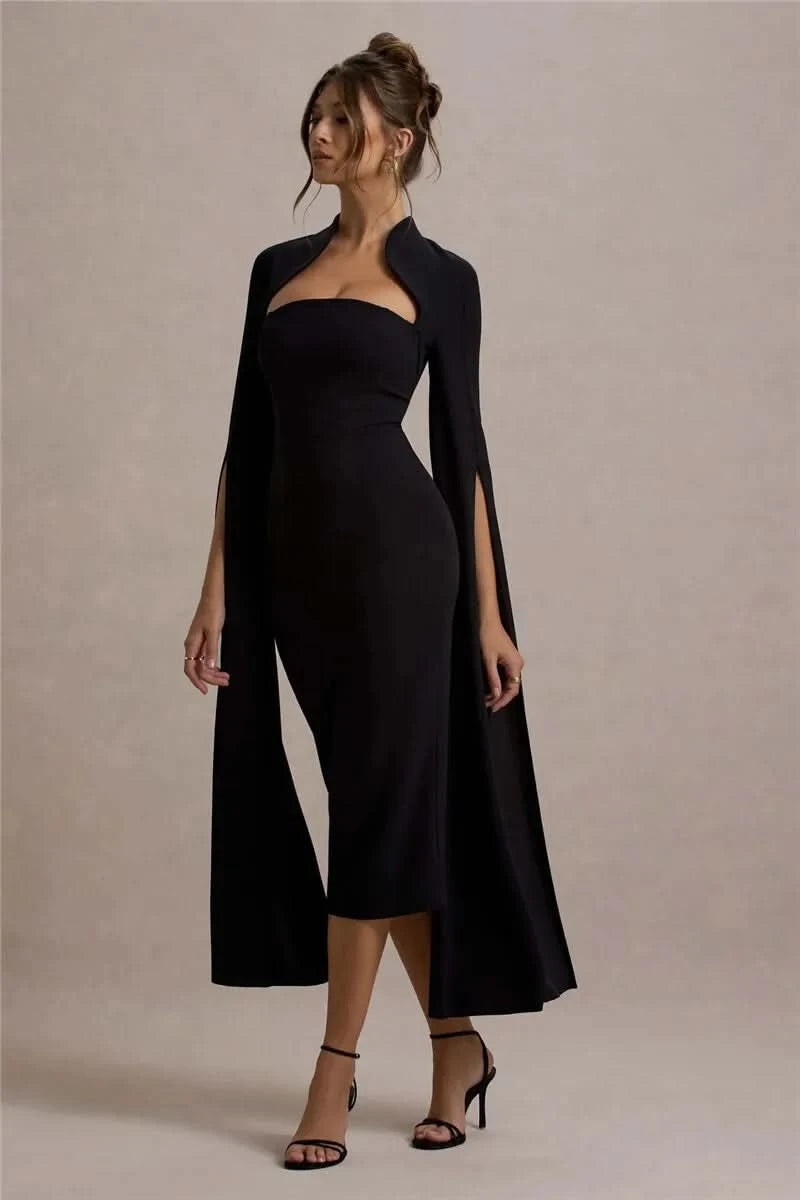 Mozision Cape Long Sleeve Sexy Midi Dress For Women Autumn Winter New Square Collar Back Slit Bodycon Club Party Long Dress - M & M Global