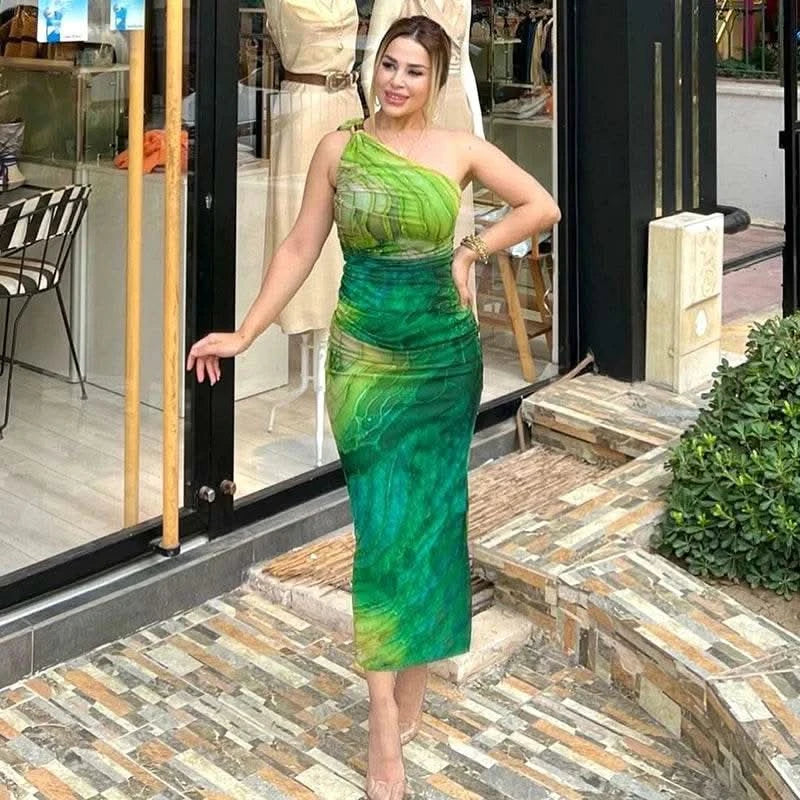 CUTENOVA Sexy Slash Collar Gradient Print Long Dress Summer Chic One-Shoulder Backless Party Dresses Sleeveless Hollow Slim Fit - M & M Global