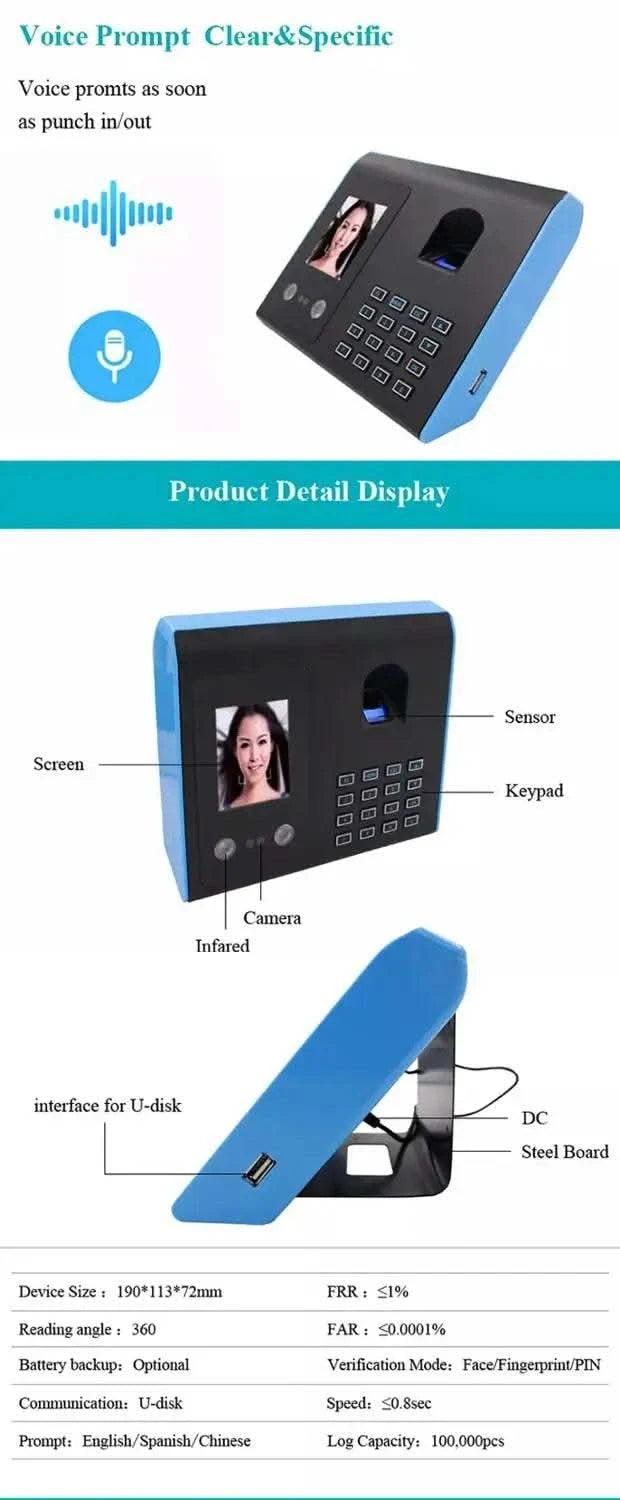 AF01 Biometric Face Facial Fingerprint Recognition Time Attendance No Touch Contactless System Machine Device Machine - M & M Global