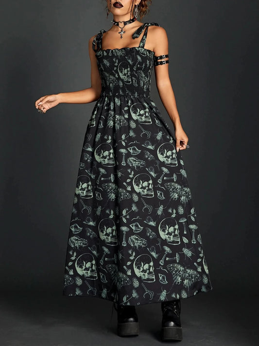 Goth Dark Fairy Grunge Y2k Aesthetic Skull Graphic Dresses Mall Gothic Shirring Lace Up Long Dress Punk A-line Slim Emo Clothing - M & M Global