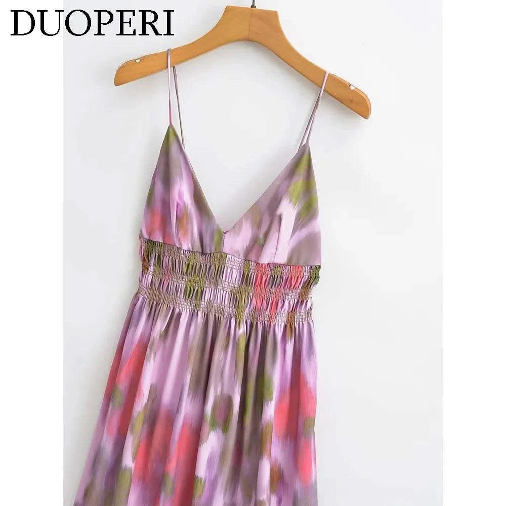 DUOPERI Women Fashion Printed V-Neck Backless Midi Camisole Dress Female Chic Lady Casual Long Dress - M & M Global