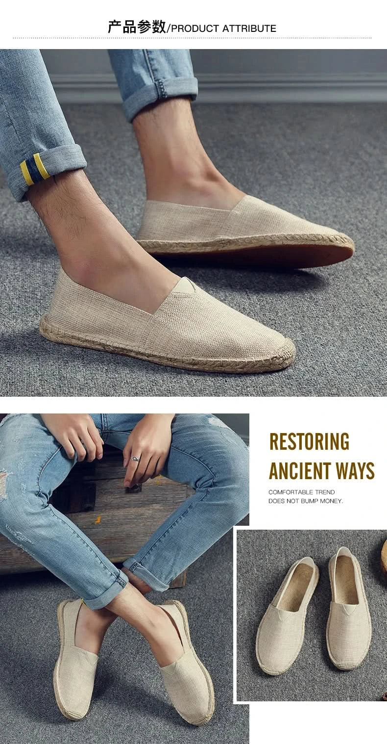 Women Sewing Flax Shoes Slip on Loafers Casual Shoes Man Espadrilles Hemp Canvas Flat Shoes Plus Size Fisherman Driving Footwear - M & M Global