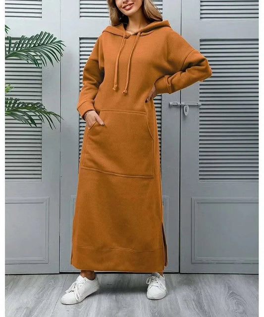 Autumn and Winter New Loose Size Knitted Hooded Long Dress Plush Casual Fashion Dress Large Pocket Skirt Women's Wear - M & M Global