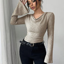 2025 Women Autumn Winter Long Sleeve Y2K Crop Top Trendy Off Shoulder Asymmetrical Fitted Knit V Neck Tee Shirts Tops Streetwear