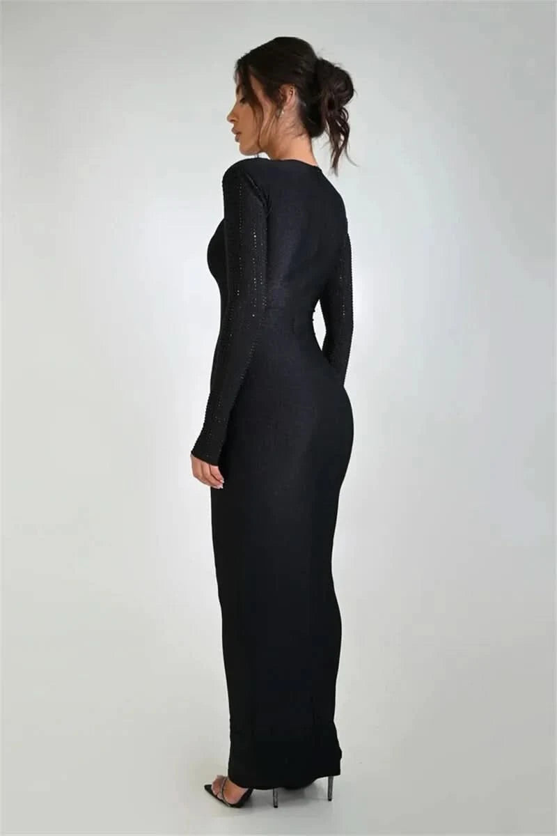 Mozision Hollow Out Sparkle Long Sleeve Maxi Dress For Women Glitter Vestidos Robe New Bodycon Shiny Night Club Party Long Dress - M & M Global