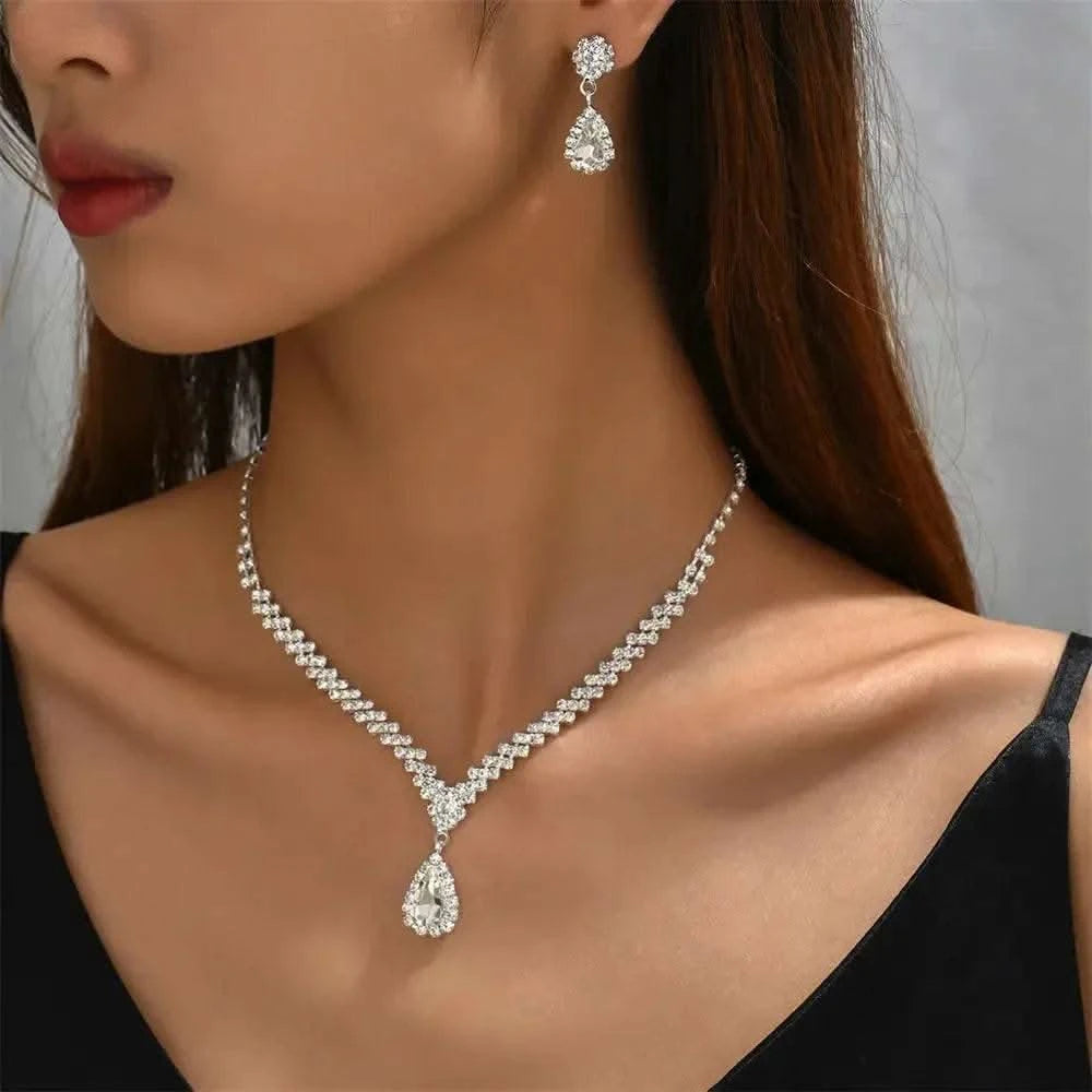 2pcs/set Jewelry Sets Women Elegant Waterdrop Rhinestone Pendant Necklace stud Earrings Wedding Dress Bridal Jewelry Set - M & M Global