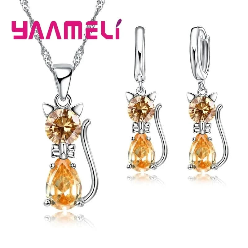 Real 925 Sterling Silver Color Jewelry Sets for Woman Girls Shining Austrian Crystal Cute Cat Pendant Necklace Huggie Earring - M & M Global