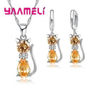 Real 925 Sterling Silver Color Jewelry Sets for Woman Girls Shining Austrian Crystal Cute Cat Pendant Necklace Huggie Earring - M & M Global