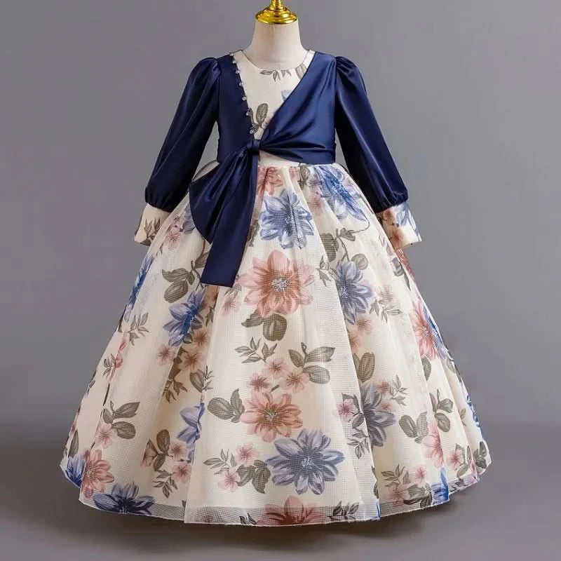 Girls flower pearl long sleeved princess dress 4-12 years old elegant bow printed long dress carnival birthday party performance - M & M Global