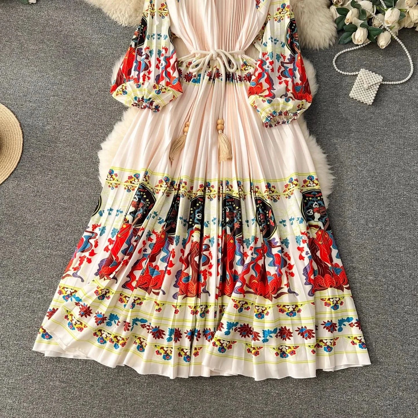 Spring Holiday Print Long Dress For Women Fashion Loose Lantern Sleeve Party Robe Female Big Swing Tassels Belt Pleated Clothes - M & M Global