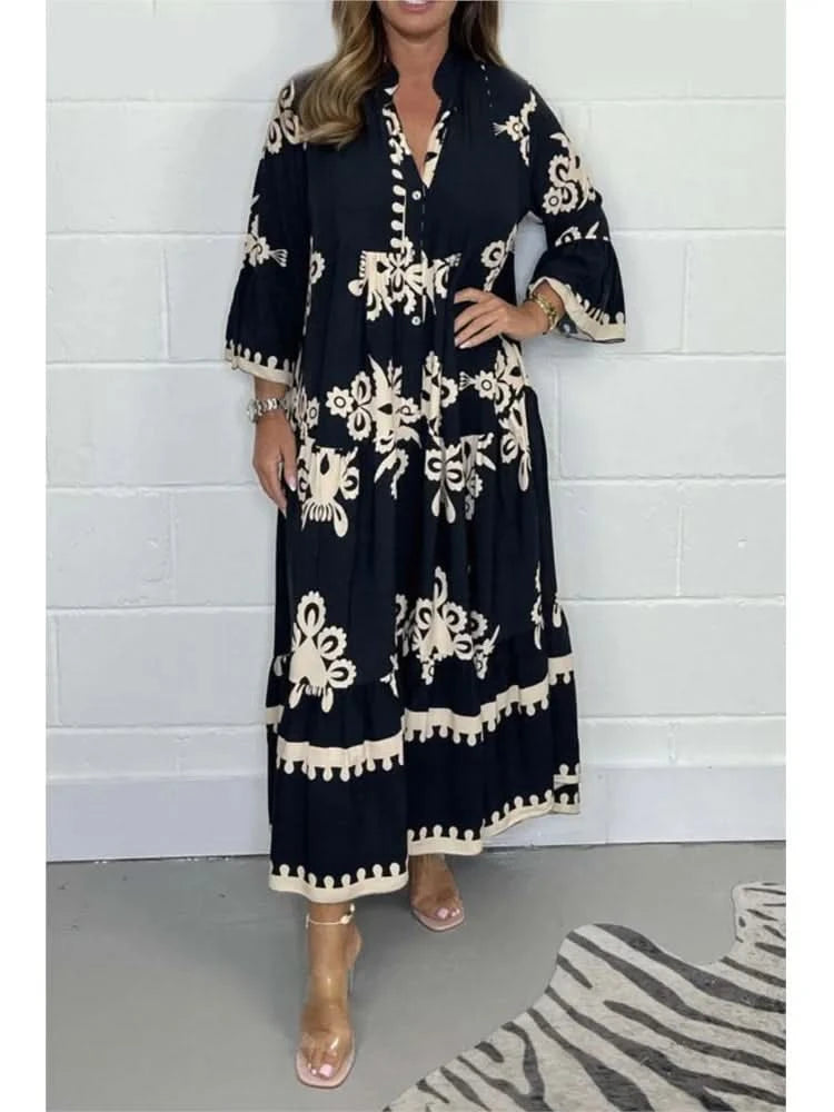 Women's Printed Loose Ethnic Retro Dress Spring Autumn V Neck Button A-Line Long Dress Summer 3/4 Sleeve Bohemian Maxi Dresses - M & M Global