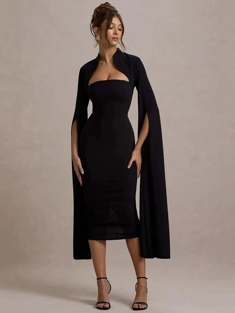 Mozision Cape Long Sleeve Sexy Midi Dress For Women Autumn Winter New Square Collar Back Slit Bodycon Club Party Long Dress - M & M Global