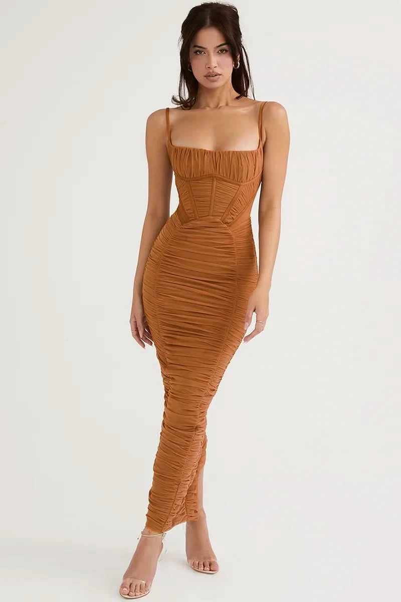 Mozision Elegant Corset Ruched Maxi Dress Women Fashion Spaghetti Strap Sleeveless Backless Zipper Long Dress Vestido - M & M Global