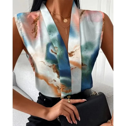 New Women's Office Shirts Summer Lady Sleeveless V-neck Print Elegant Women Blouse Top Streetwear Female Clothing - M & M Global