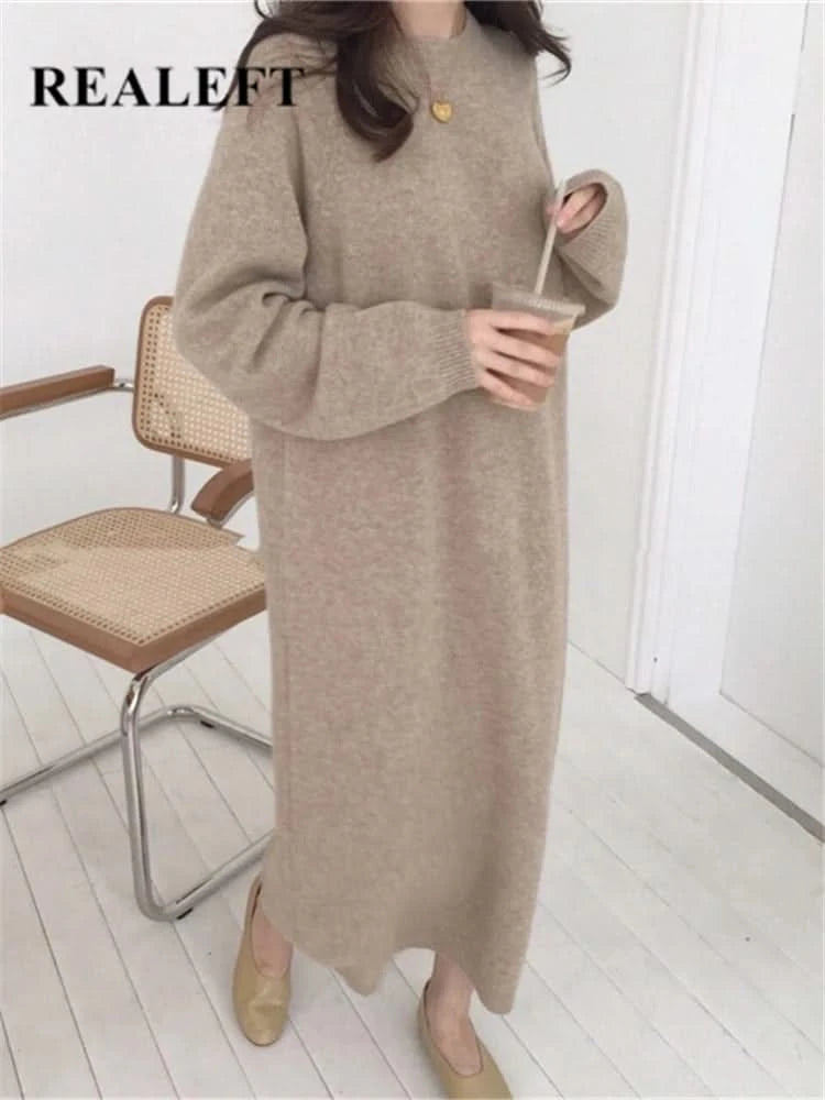 REALEFT Autumn Winter 2023 New O-Neck Casual Loose Knitted Dress Female Straight Long Sleeve Oversize Sweater Womens Long Dress - M & M Global