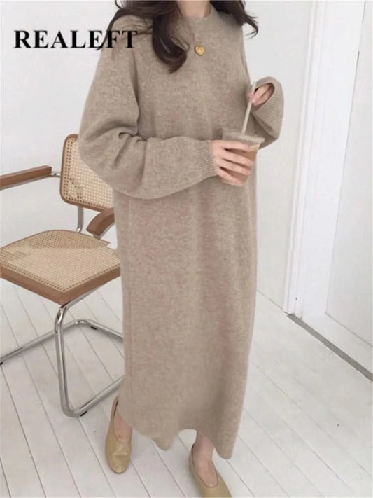 REALEFT Autumn Winter 2023 New O-Neck Casual Loose Knitted Dress Female Straight Long Sleeve Oversize Sweater Womens Long Dress - M & M Global
