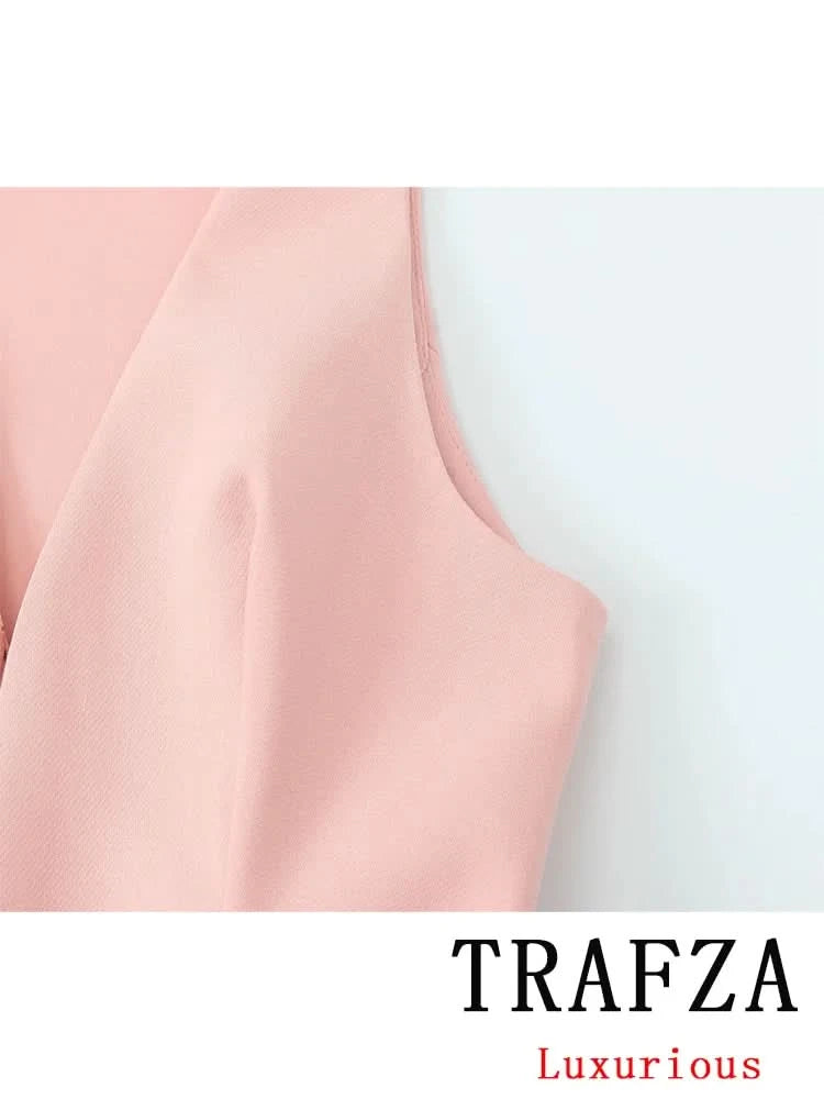 TRAFZA Vintage Chic Solid Women Suit V Neck Sleeveless Sashes Vest Blazer Straight Shorts New Fashion 2025 Summer Office Sets - M & M Global